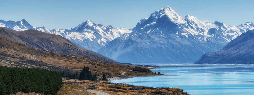 mount cook viewpoint with the lake pukaki and the road leading to mount cook village. Taken during summer in New Zealand.