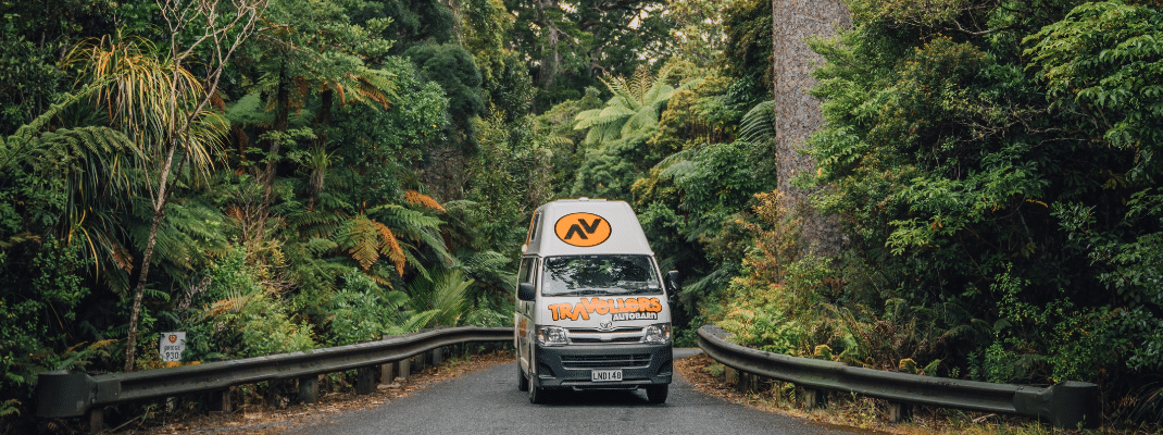 Campervan driving through a forest in New Zealand 
