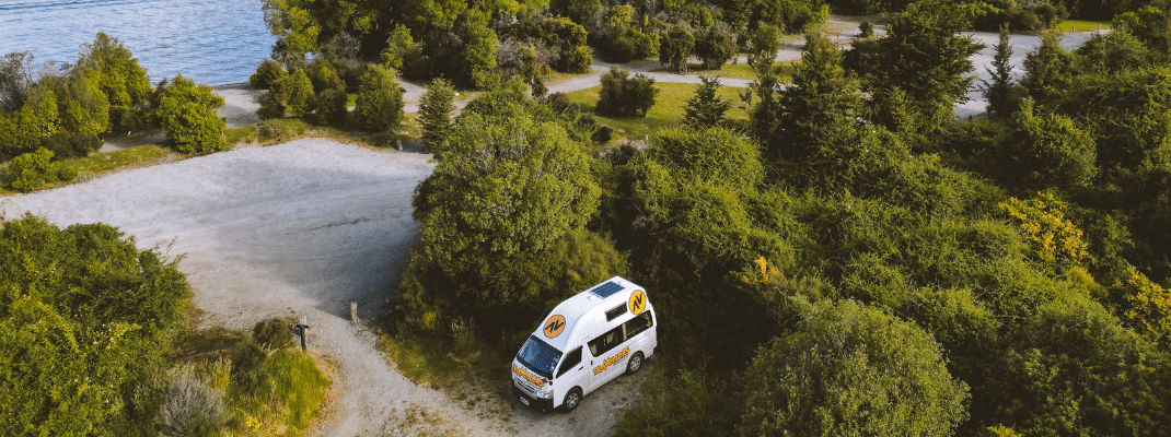 Campervan in a campground next to a lake in New Zealand 