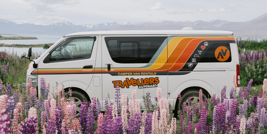 Campervan surrounded by Lupin flowers in New Zealand
