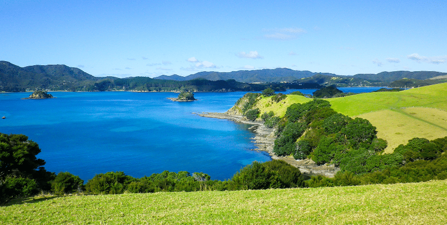 View of the calm turquoise South Pacific Ocean from the beautiful Urupukapuka Island, Russell, Bay of Islands, New Zealand
