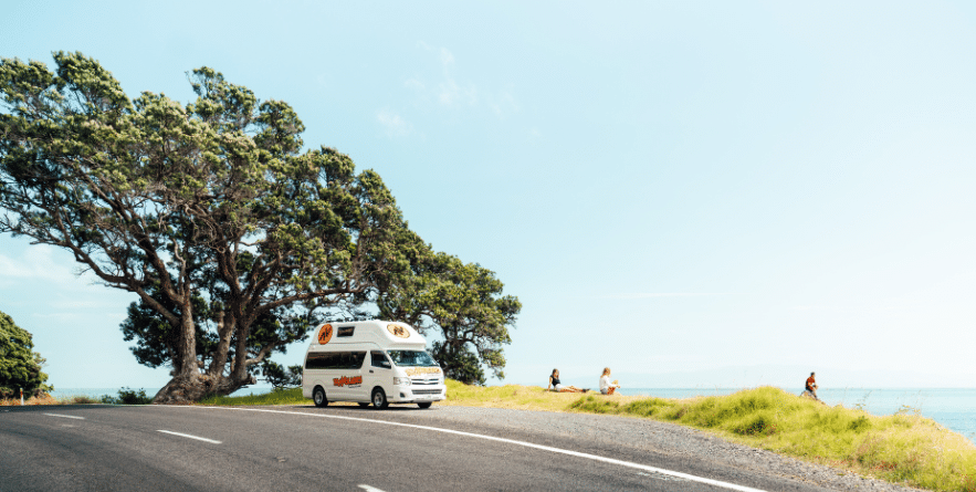 People relaxing next to campervan on side of road in New Zealand